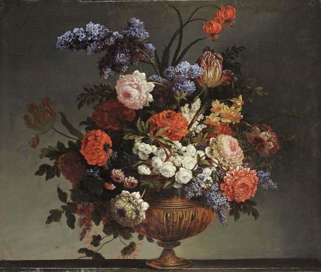 Tableau FLEURS Bouquet dans vase peinture acrylique et feuilles